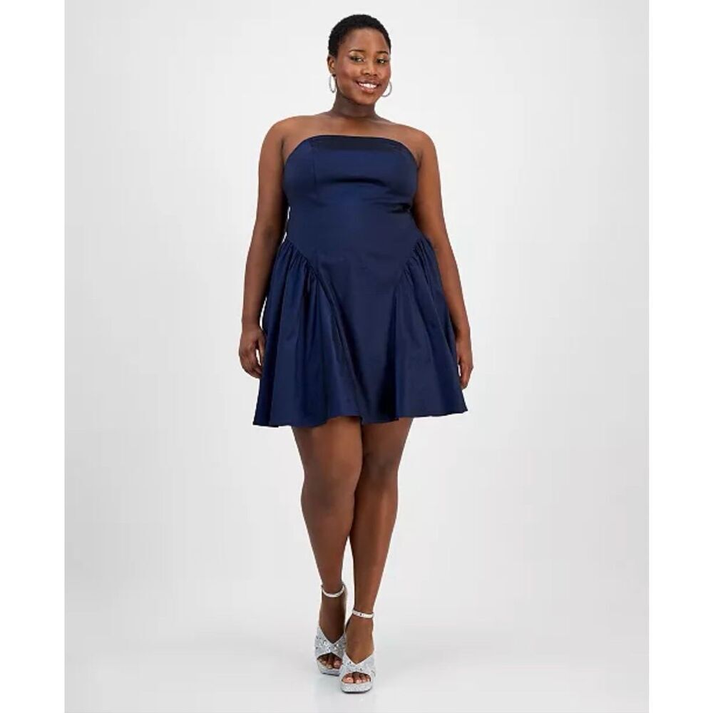 Emerald Sundae Trendy Curvy Strapless Drop Waist Taffeta Dress Navy 18